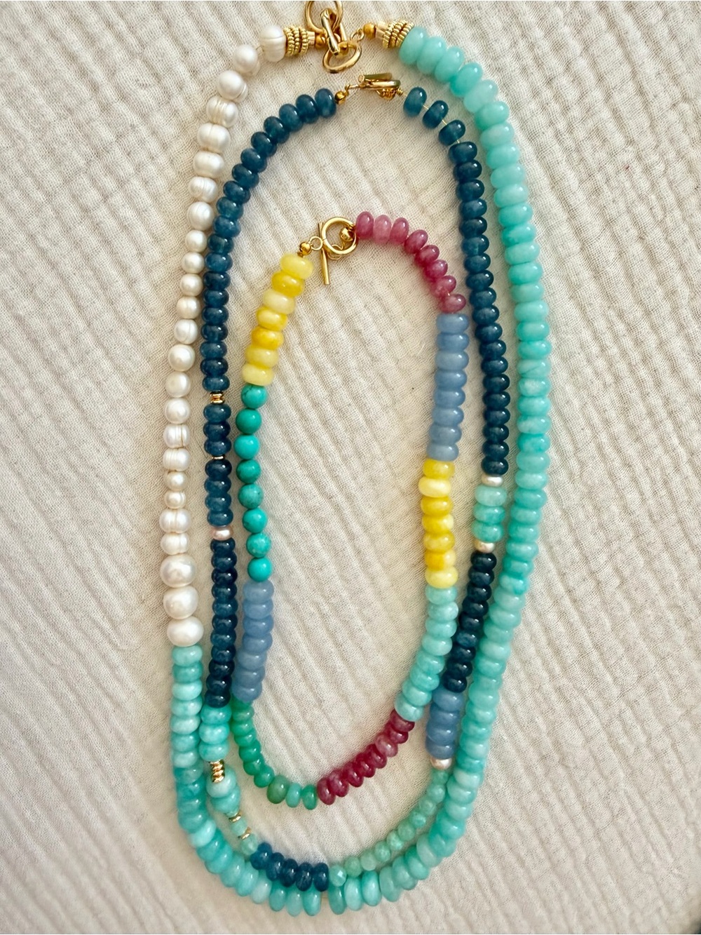 Teal and Aqua Beaded Necklace with Gold Accents - Unbranded